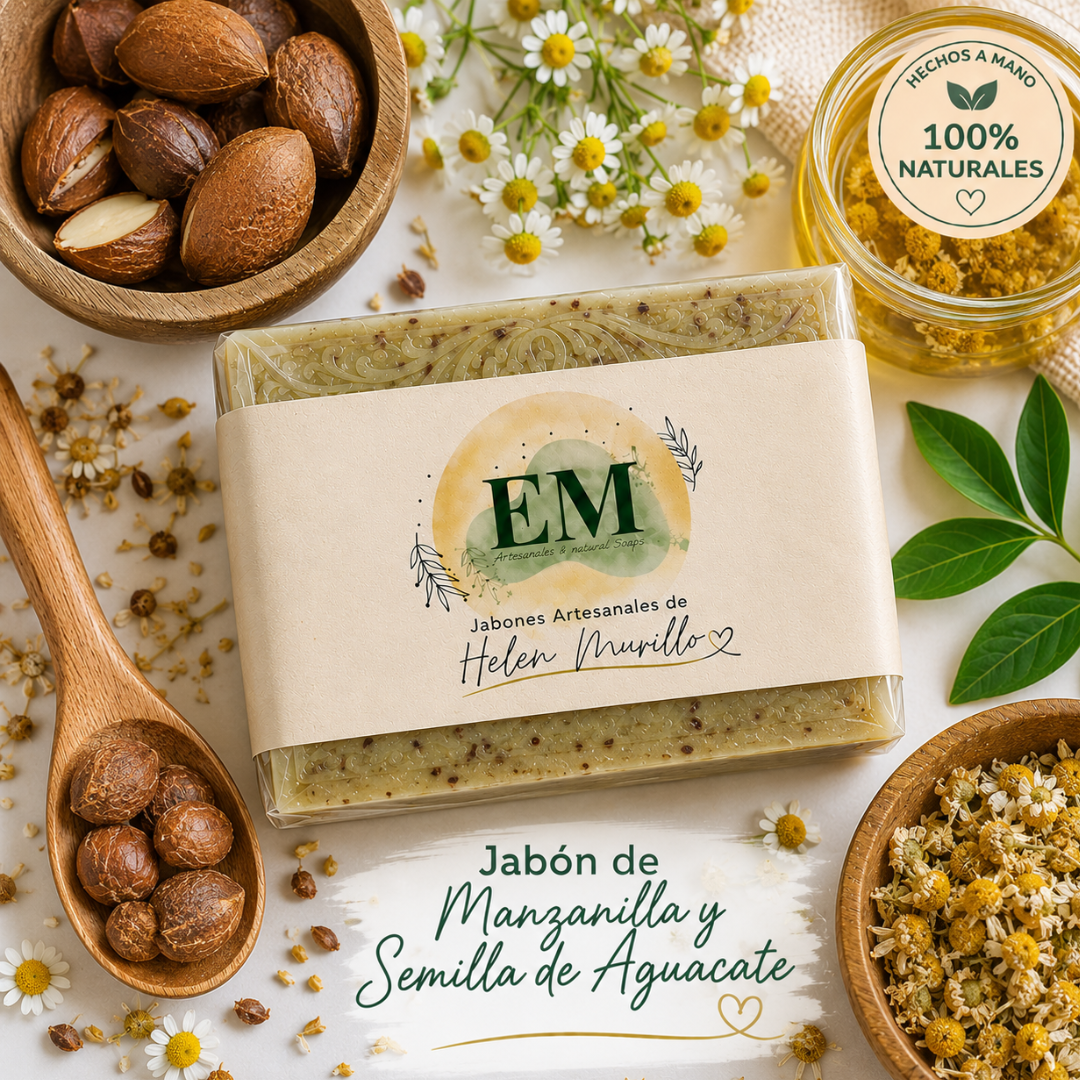 Jabón Artesanal de Manzanilla y Semilla de Aguacate de 100g | Antienvejecimiento, Colágeno Natural y Firmeza Facial