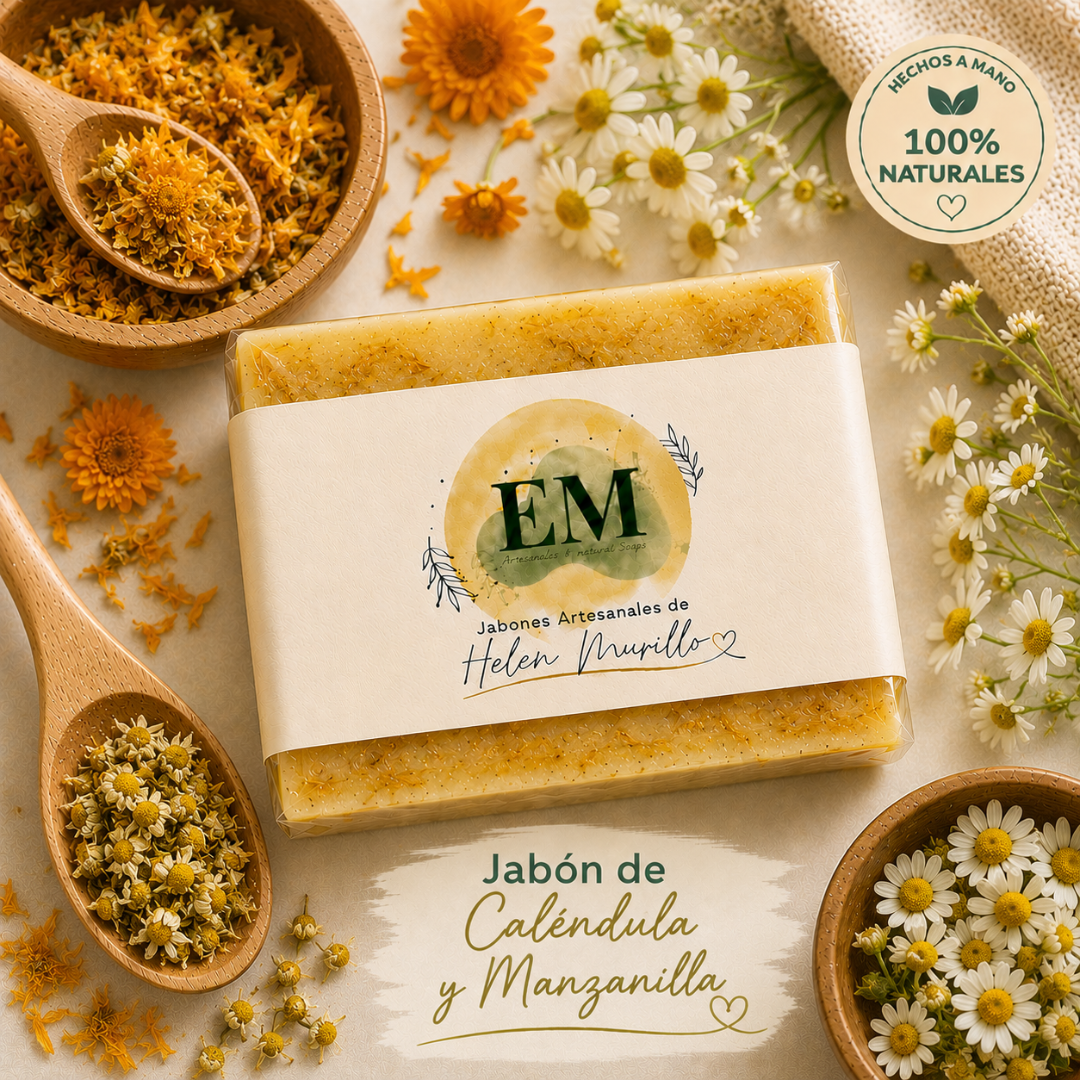 Jabón Artesanal de Caléndula y Manzanilla de 100g | Doble Acción Calmante, Desinflamatorio, Cicatrizante y Dermatitis Severa