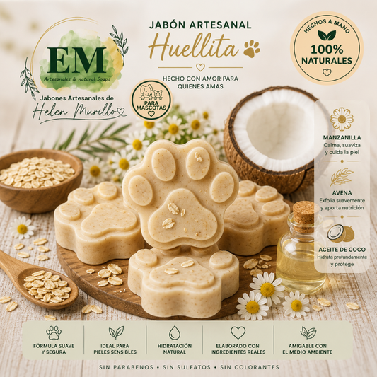 Jabón Artesanal para Mascotas con Forma de Huellita de 100g | Manzanilla, Aceite de Coco y Avena | Alivia Comezón y Alergias