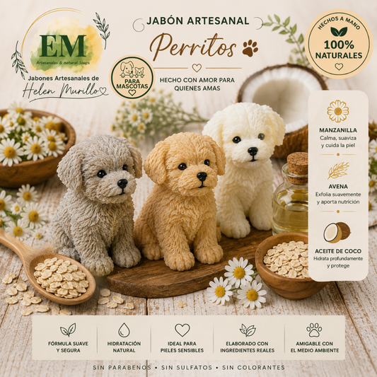 Jabón Artesanal para Mascotas con Forma de Perrito de 100g | Manzanilla, Aceite de Coco y Avena | Alivia Comezón y Alergias