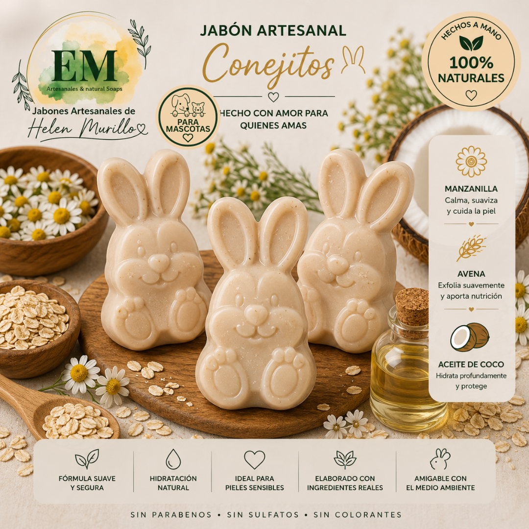 Jabón Artesanal para Mascotas con Forma de Conejito de 100g | Manzanilla, Aceite de Coco y Avena | Alivia Comezón y Alergias