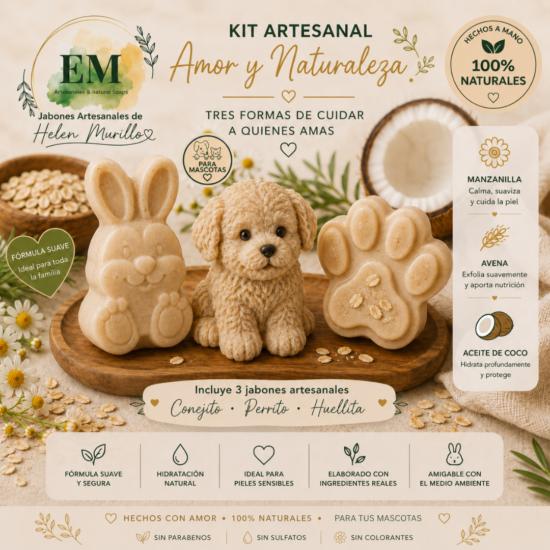 Kit de Jabones Artesanales para Mascotas de 300g | Paquete Trío de Huellita, Perrito y Conejito  | Alivia Comezón y Alergias | Paquete de Ahorro y Regalo para Pet Lovers