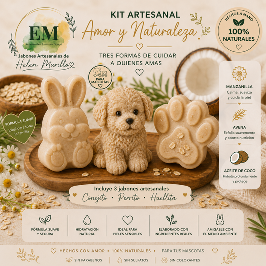 Kit de Jabones Artesanales para Mascotas de 300g | Paquete Trío de Huellita, Perrito y Conejito  | Alivia Comezón y Alergias | Paquete de Ahorro y Regalo para Pet Lovers
