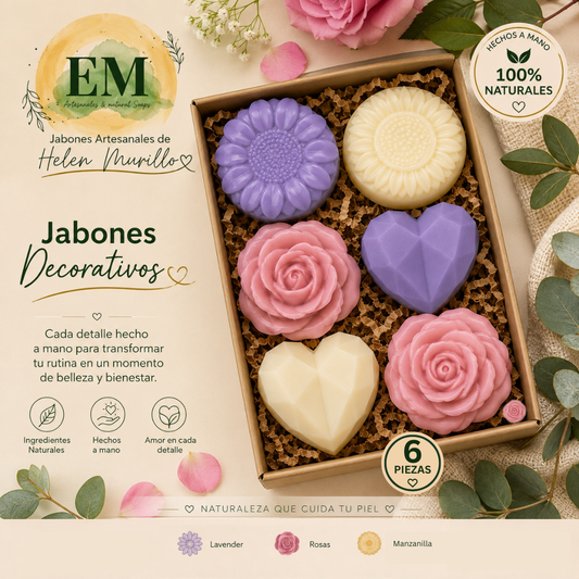 Paquete de Jabones Decorativos de 6 Piezas | Formas de Corazón, Flor y Rosa | Lavanda, Rosas y Manzanilla | Recuerdos para Bodas, Bautizos y Eventos Premium