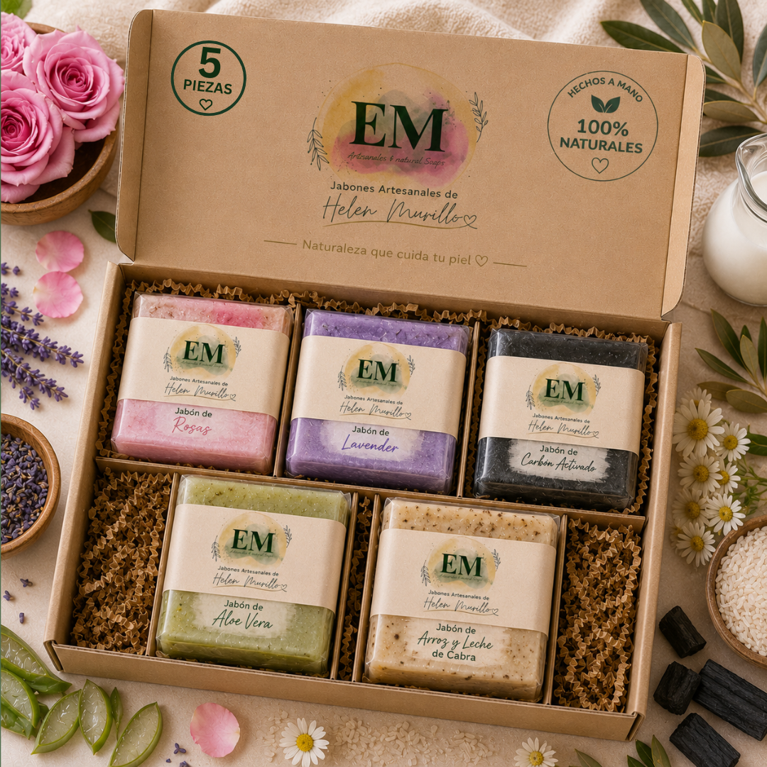 Caja de Jabones Artesanales de 5 Piezas | Kit de Belleza Orgánica, Aclarante y Efecto Détox