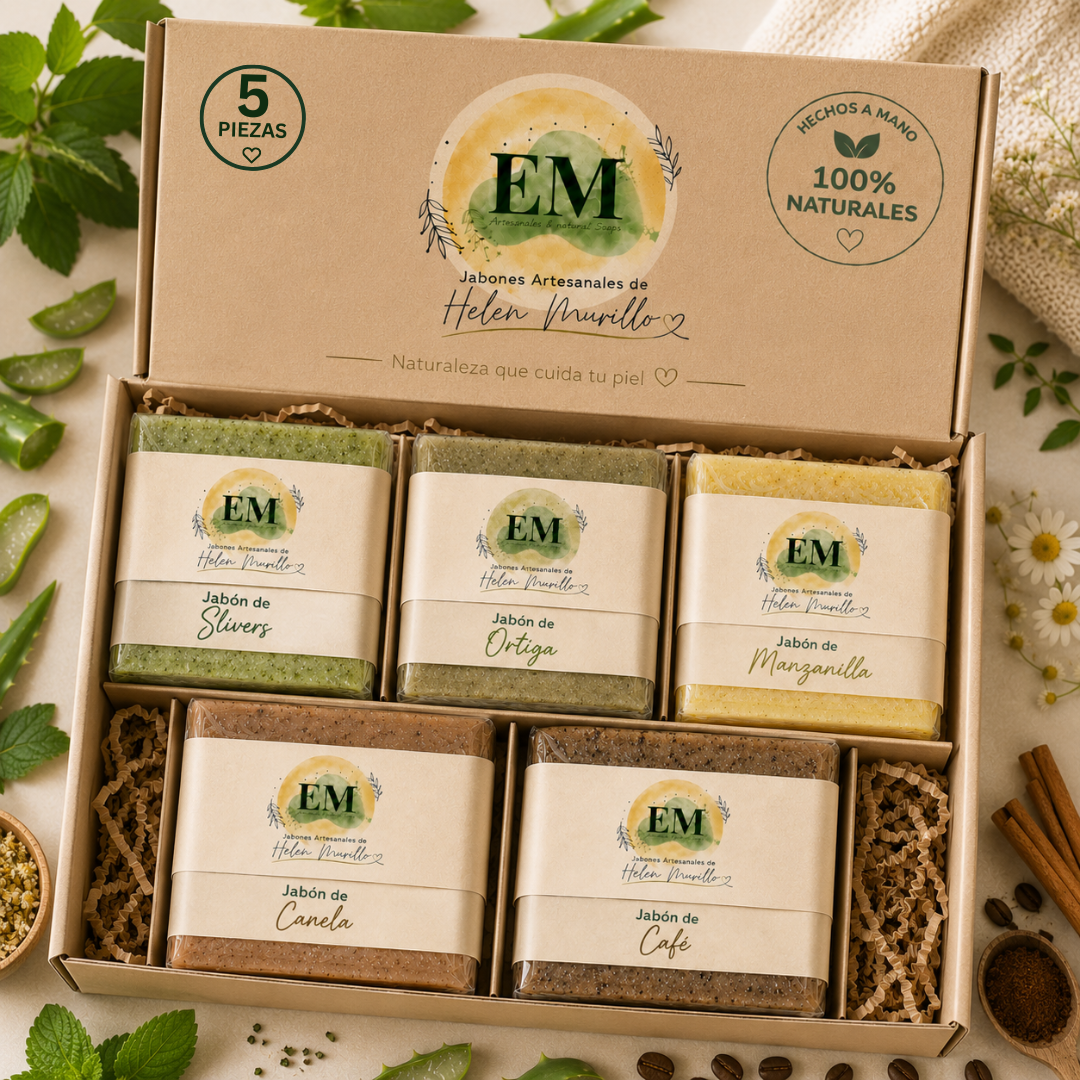 Caja de Jabones Artesanales de 5 Piezas | Kit Completo Orgánico de Cuidado Facial y Corporal | Kit de Spa Funcional, Exfoliación y Cuidado Dermatológico