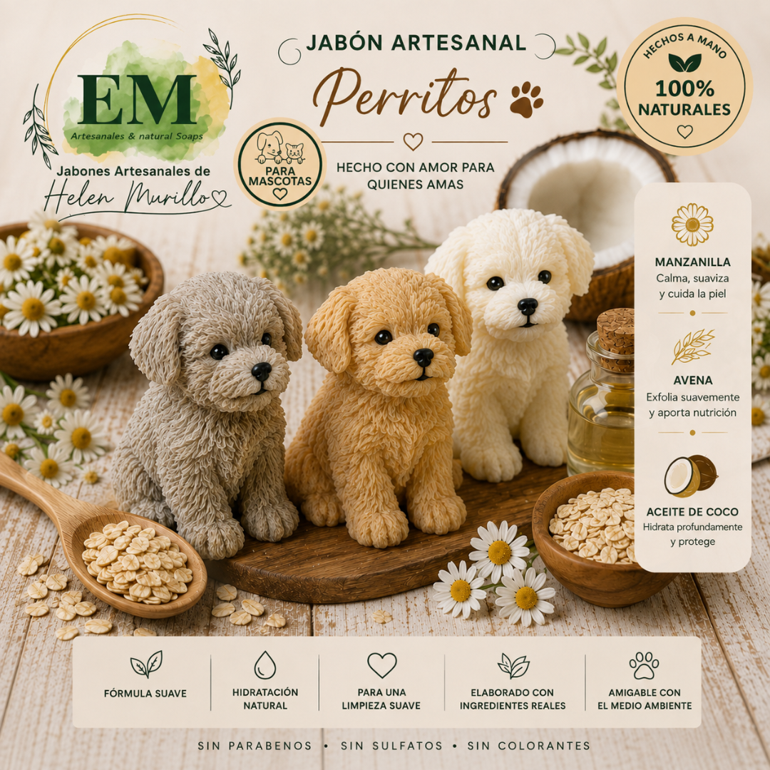 Jabón Artesanal para Mascotas (60g) | Forma de Perrito, Manzanilla, Avena y Humectación