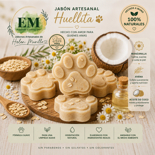 Jabón Artesanal para Mascotas (90g) | Forma de Huellita, Manzanilla, Avena y Humectación