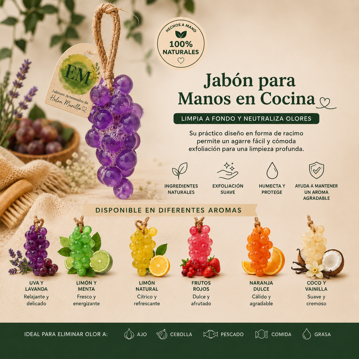 Jabón de Cocina Racimo (100g) | Neutraliza Olor a Ajo, Cebolla y Pescado